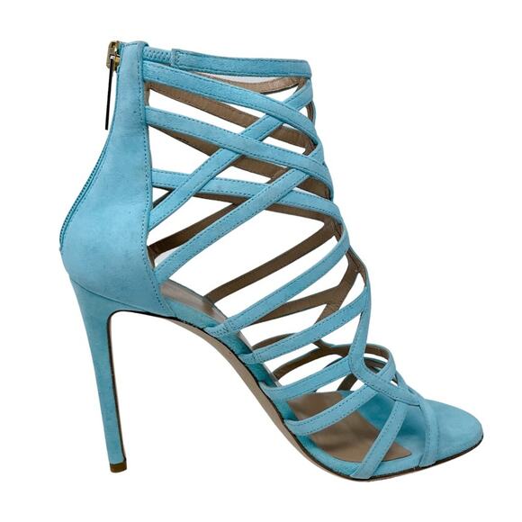 Tamara Mellon aqua/turquoise suede cage strap stiletto sandals size 37.5 US7-7.5 - Picture 9 of 14